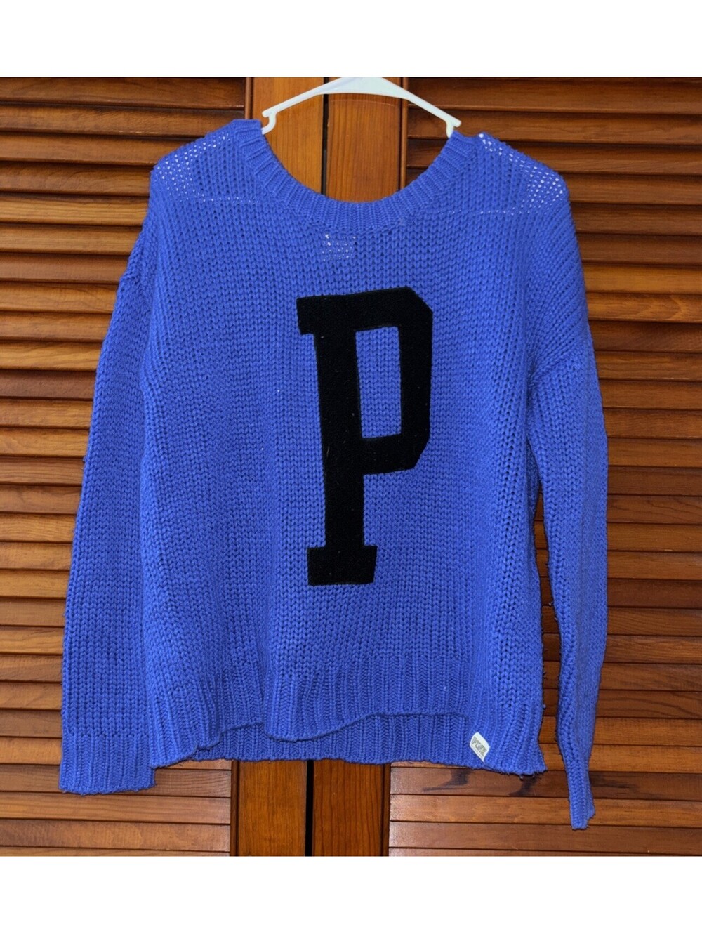 VICTORIA'S SECRET PINK VARSITY SWEATER KNIT BLUE CREW NECK ADULT SMALL
